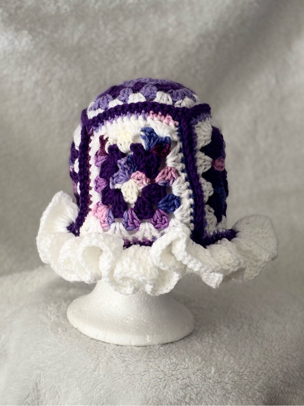 Handmade Crochet Ruffle Baby Bucket Hat — Purple & White